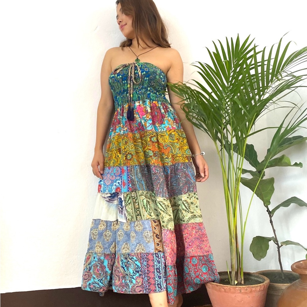Smocked Ruched Patchwork Boho Dress Skirt - Picture 17 of 17
